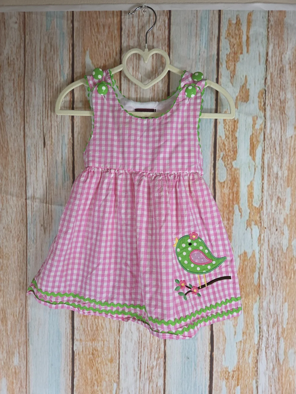 Lil Cactus Pink Gingham Girls' Dress w/Green Bird Applique. 100% Cotton. 6-12m